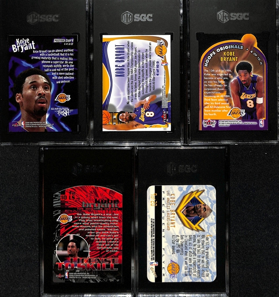 Lot of (5) SGC Graded Kobe Bryant Cards w. 1999-00 Flair Showcase Guaranteed Fresh SGC 9.5, 1999-00 Flair Showcase License to Skill, 1997-98 Hoops Frequent flyer SGC 8.5, and More