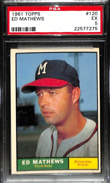 Lot of (10) 1950s and 60s PSA Graded Mostly HOF Baseball Cards w. 1959 Topps Warren Spahn # 40 PSA 3, 1960 Topps Bob Gibson # 73 PSA 4, 1961 Topps Ed Mathews # 120 PSA 5, and More 