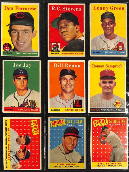Near-Complete 1958 Topps Baseball Card Set (Missing 15 cards) w. 15 Graded Cards Inc. Mickey Mantle #150 (SGC 4.5), Koufax #187 (SGC 4.5), Willie Mays #5 (SGC 4), Cepeda Rookie #343 (SGC 4.5)