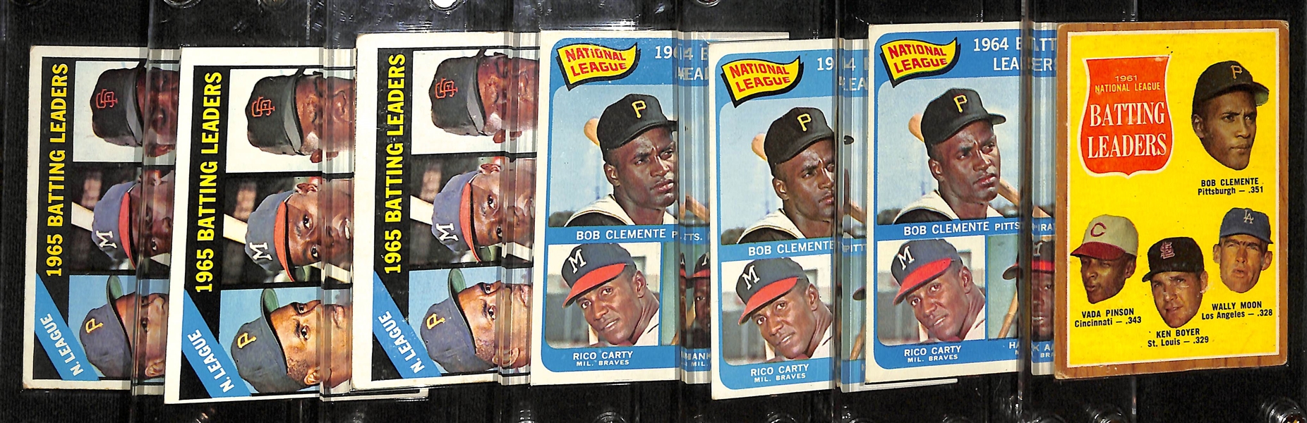 Lot of (7) 1960s Topps Leaders Baseball Cards w. (3) 1966 NL Batting Leaders Clemente/Aaron/Mays