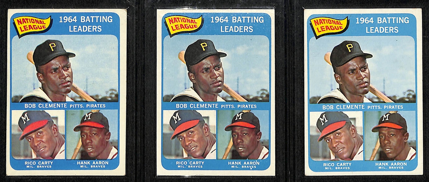 Lot of (7) 1960s Topps Leaders Baseball Cards w. (3) 1966 NL Batting Leaders Clemente/Aaron/Mays