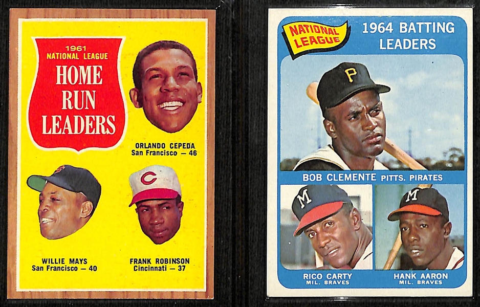 Lot of (8) 1960s Topps Leaders Baseball Cards w. 1962 AL Home Run Leaders Maris/Mantle/Killebrew/Gentile # 53, (3) 1962 NL Batting Leaders Clemente/Pinson/Boyer/Moon # 52