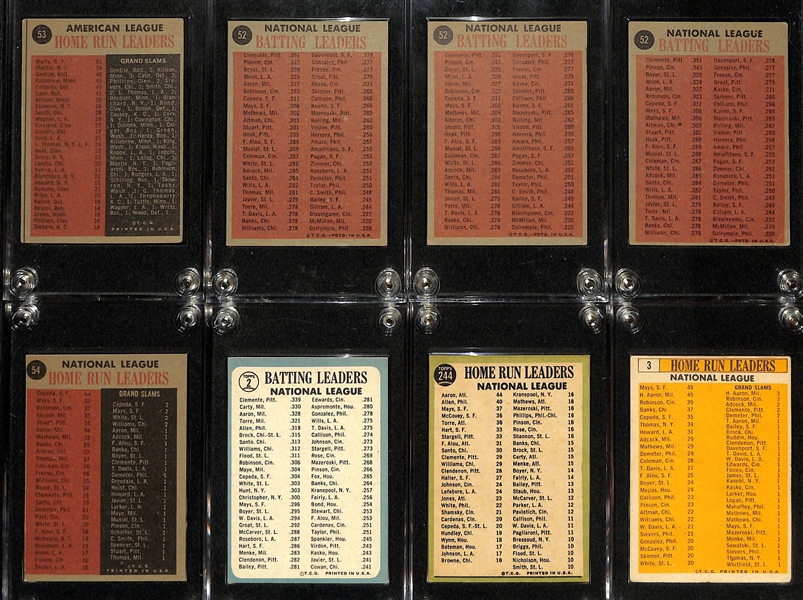 Lot of (8) 1960s Topps Leaders Baseball Cards w. 1962 AL Home Run Leaders Maris/Mantle/Killebrew/Gentile # 53, (3) 1962 NL Batting Leaders Clemente/Pinson/Boyer/Moon # 52