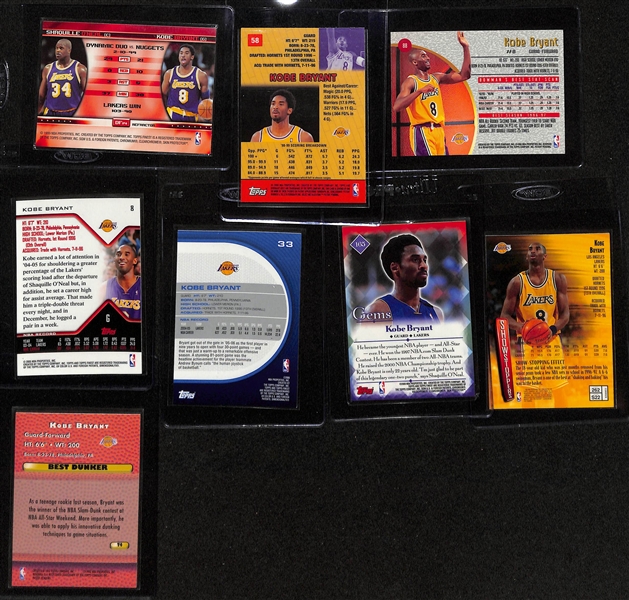 Lot of (8) Kobe Bryant Basketball Cards w. 1999-00 Topps Finest Kobe Bryant/Shaquille O'Neal Double Feature Refractor