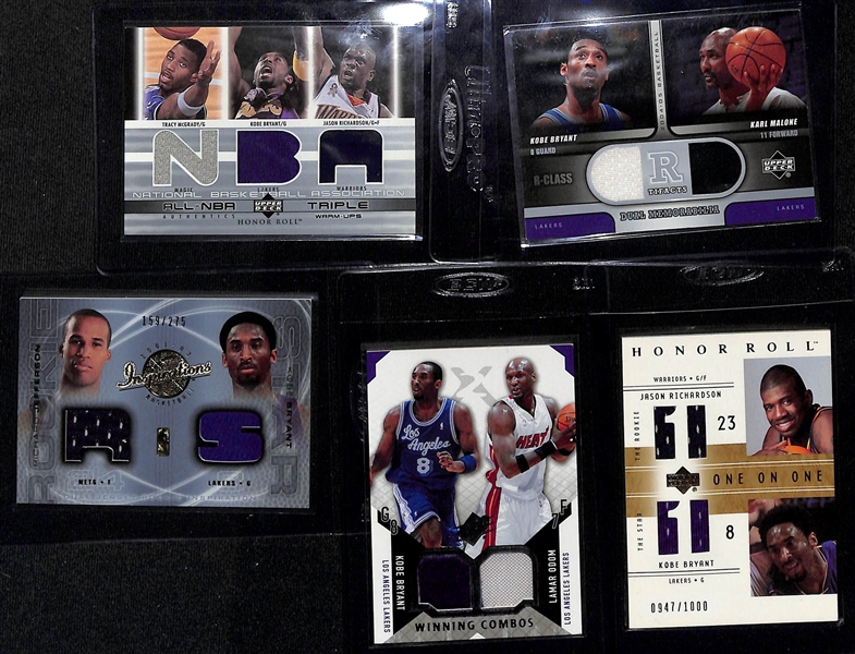 Lot of (5) Kobe Bryant Relic Cards w. 2003-04 Upper Deck All-NBA Triple Honor Roll Tracy McGrady/Kobe Bryant/Jason Richardson, and Others