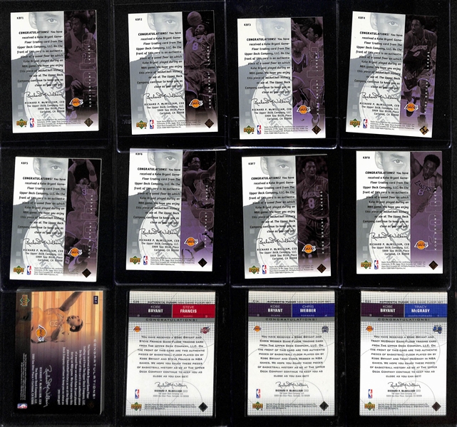 Lot of (12) Kobe Bryant Game Floor Relic Cards w. 2001-02 Upper Deck MVP 8 Card Set KBF1-KBF8, and More!