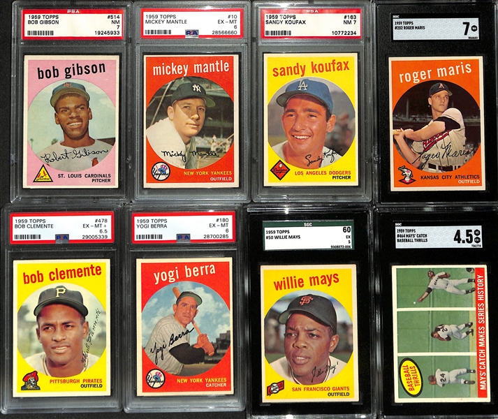 Near Complete 1959 Topps Baseball Set w. 19 Graded Cards (Missing 70 Cards -Mostly Commons) Inc. Gibson RC PSA 7, Mantle #10 PSA 6, Koufax #163 PSA 7, Clemente #478 PSA 6.5, +
