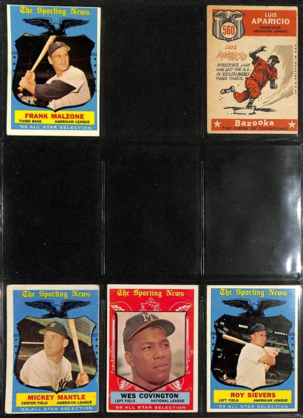 Near Complete 1959 Topps Baseball Set w. 19 Graded Cards (Missing 70 Cards -Mostly Commons) Inc. Gibson RC PSA 7, Mantle #10 PSA 6, Koufax #163 PSA 7, Clemente #478 PSA 6.5, +
