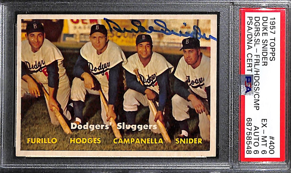 Duke Snider Signed 1957 Topps Dodgers' Sluggers Card #400 (PSA/DNA Card Grade 6, Auto Grade 6)
