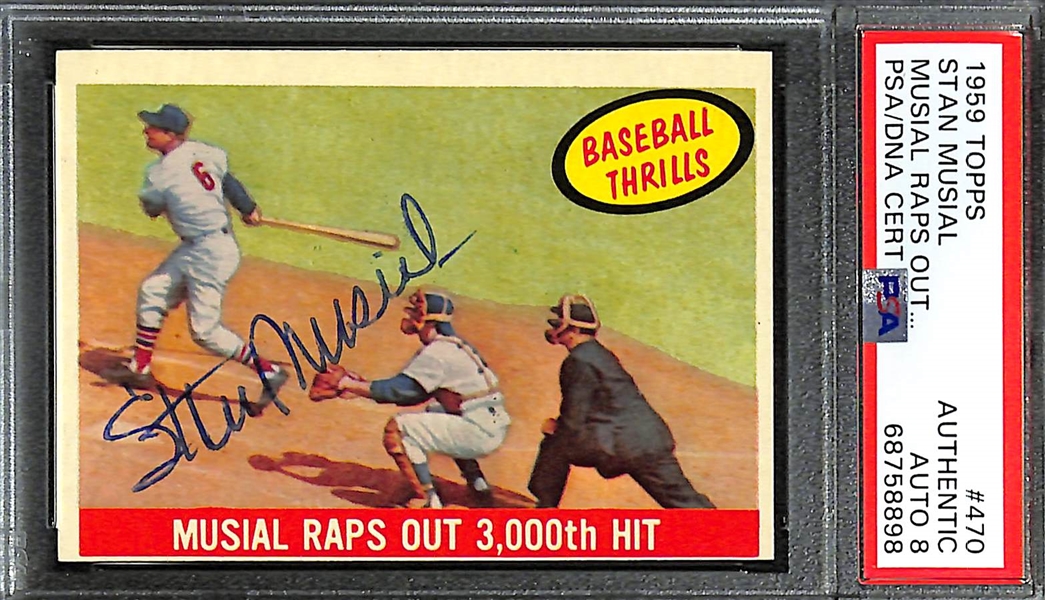 Signed 1959 Topps Stan Musial Baseball Thrills 3,000th Hit Card #470 (PSA/DNA Auto Grade 8)