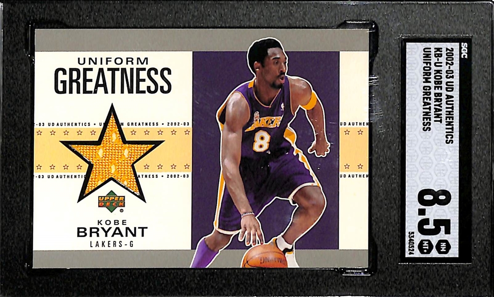 (3) Kobe Bryant Relic Cards - 2002 UD Authentics Uniform Greatness (SGC 8.5), 2002 UD Generations All-Time Authentics Material (SGC 9), 2003 UD MVP Materials (SGC 8.5) 