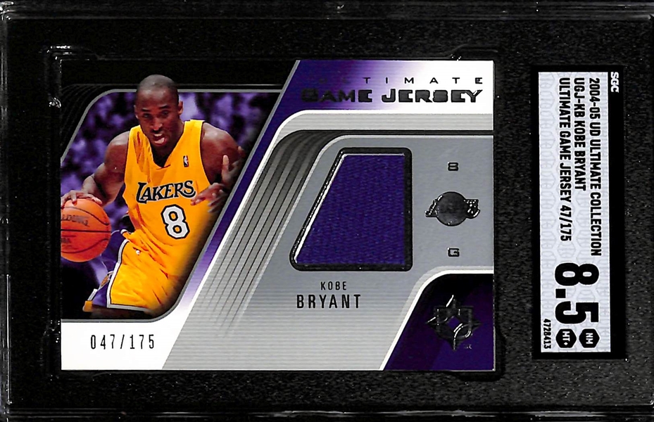(3) 2004 Kobe Bryant Worn Uniform Relic Cards -  UD Ultimate Game Jersey #47/175 (SGC 8.5), UD SPX Winning Materials Dual Relic (SGC 7), UD All-Star Lineup Staples Threads Relic (SGC 9)