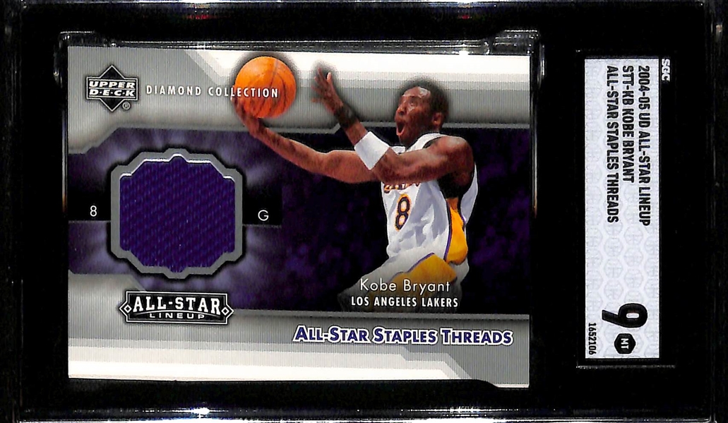 (3) 2004 Kobe Bryant Worn Uniform Relic Cards -  UD Ultimate Game Jersey #47/175 (SGC 8.5), UD SPX Winning Materials Dual Relic (SGC 7), UD All-Star Lineup Staples Threads Relic (SGC 9)