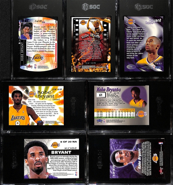 (7) Kobe Bryant SGC Graded Insert Cards w. 2000-01 Fleer Genuine Yes! Men, 2000-01 Fleer Mystique Film At 11 SGC 8, 1997-98 Fleer Zone SGC 7, 1999-00 Fleer Focus Pocus SGC 7, Others