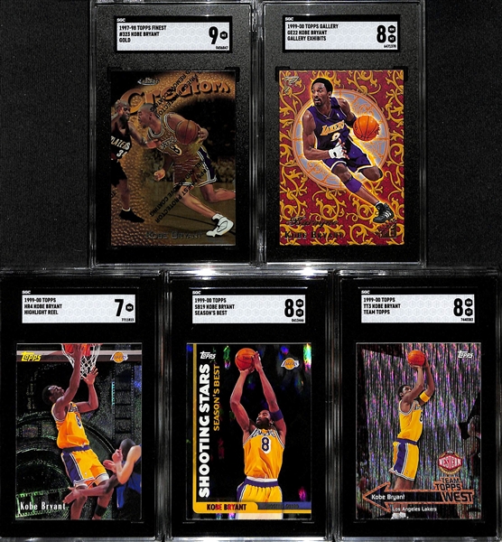 Lot of (5) Kobe Bryant SGC Graded Insert Cards w. 1997-98 Topps Finest Gold SGC 9, 1999-00 Topps Gallery Exhibits SGC 8, 199-00 Topps Highlight Reel SGC 7 and Others
