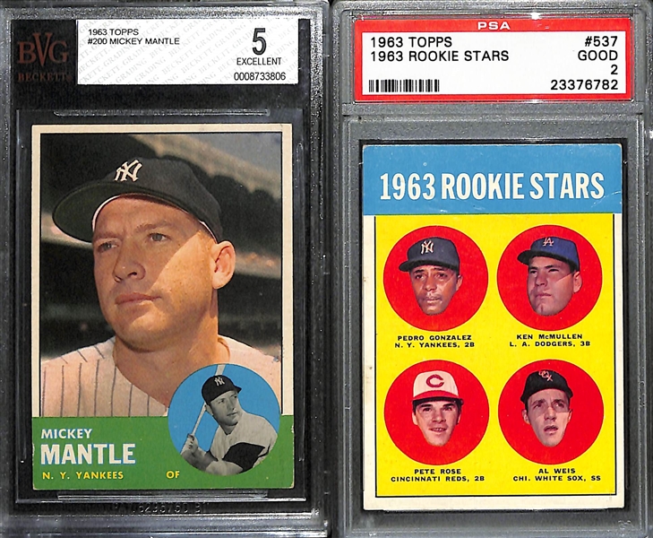 1963 Topps Complete Baseball Card Set w. 4 Graded Cards Inc. Mickey Mantle  #200 (BVG 5), Pete Rose Rookie #537 (PSA 2), Willies Stargell #553 (PSA 3), and Gary Geiger #513 (PSA 7)