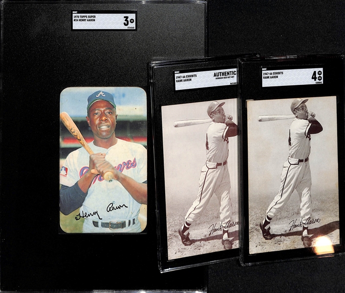 Hank Aaron Lot of (2) SGC Graded 1947-66 Exhibits SGC Authentic and SGC 4 and 1970 Topps Super # 24 SGC 3