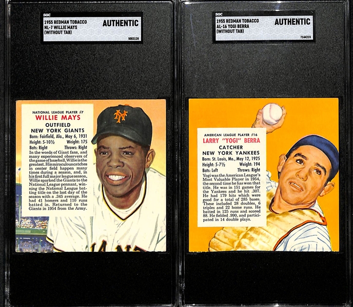 Lot of (2) SGC Authentic 1955 Red Man Baseball Cards w. Willie Mays NL-7 and Yogi Berra NL-16 Without Tabs 