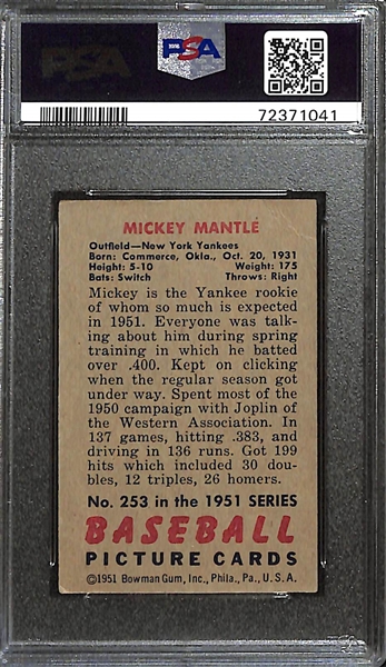 1951 Bowman Mickey Mantle #253 Rookie Card Graded PSA 2 