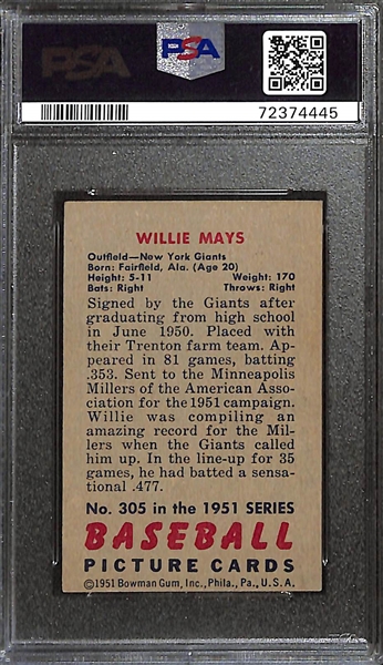 1951 Bowman Willie Mays #305 Rookie Card Graded PSA 5(MC)
