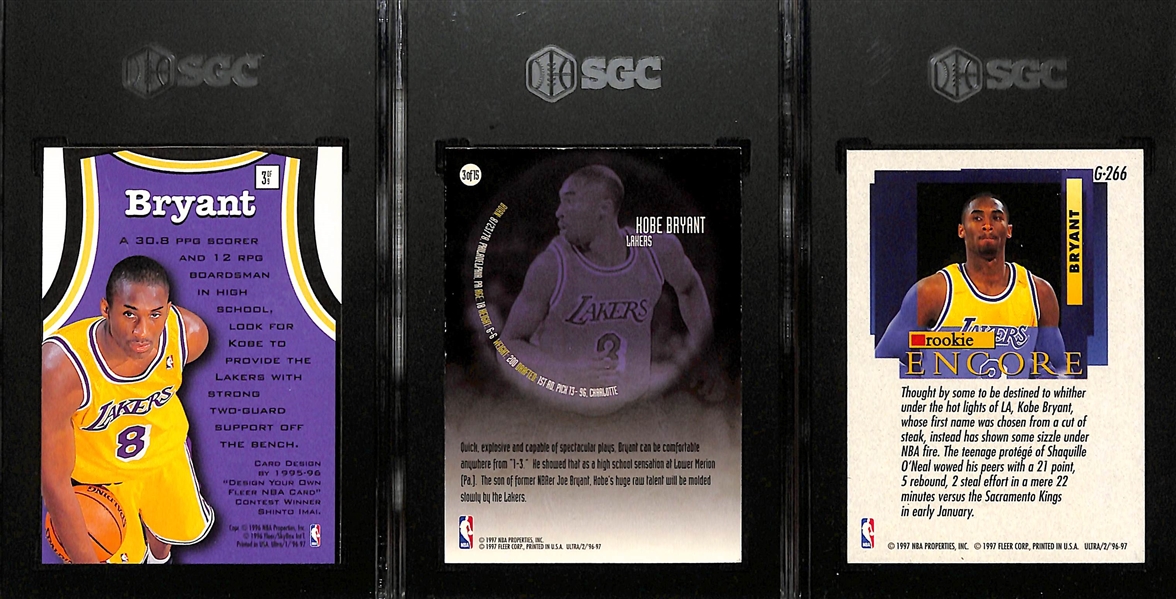 (3) 1996-97 Fleer Ultra Kobe Bryant Rookie Inserts- Fresh Faces #3 (SGC 7), Ultra All-Rookie #3 (SGC 7) & Rookie Encore Gold Medallion (SGC 8)