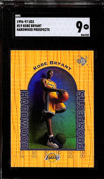 (3) 1996-97 Kobe Bryant Rookies- NBA Hoops NBA Rookie Gold #3 (SGC 9),  UD3 Hardwood Prospects #19 (SGC 9) & Upper Deck Rookie Exclusives #R10 (SGC 7)