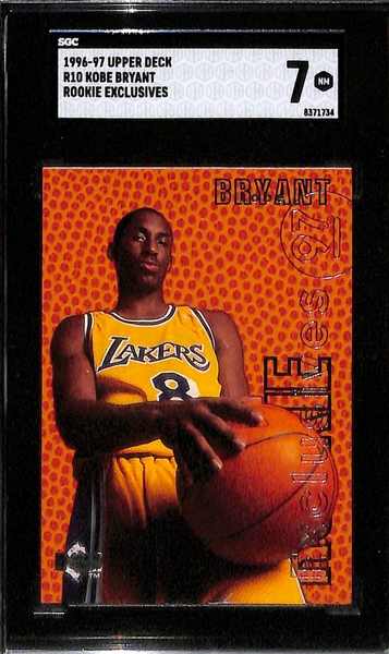 (3) 1996-97 Kobe Bryant Rookies- NBA Hoops NBA Rookie Gold #3 (SGC 9),  UD3 Hardwood Prospects #19 (SGC 9) & Upper Deck Rookie Exclusives #R10 (SGC 7)