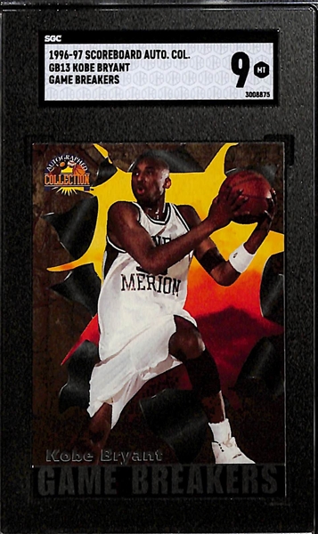 (4) 1996-97 Kobe Bryant Rookies - Scoreboard Game Breakers (SGC 9), Pacific Power In the Paint (SGC 7), Collectors Edge Radical Recruits (SGC 8.5) and Key Kraze '96 Draft Picks (SGC 9)