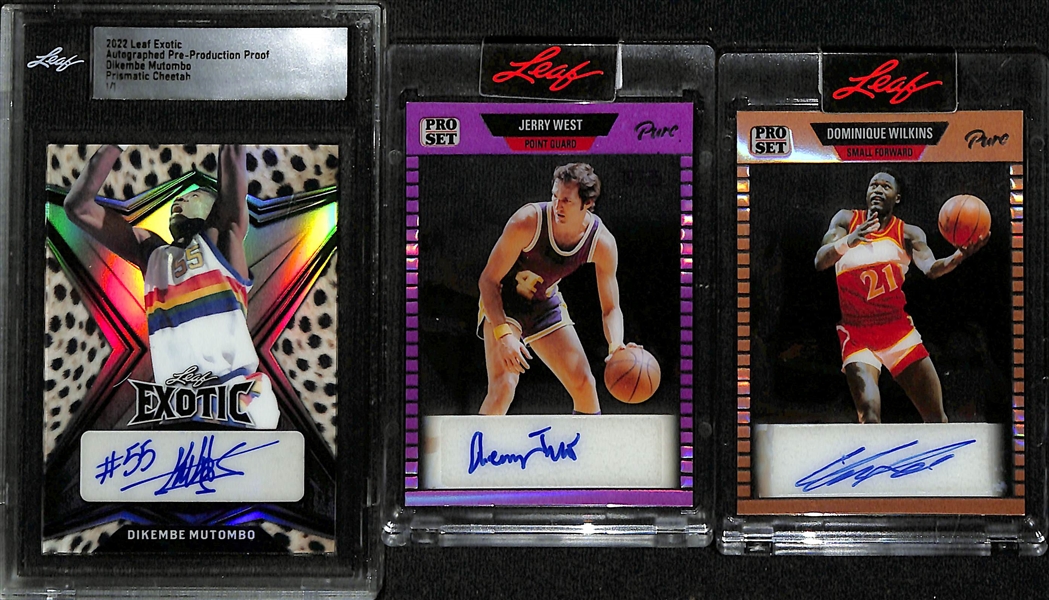 Lot of (3) Leaf Autographed Basketball Cards w. Dikembe Mutombo Exotic 1/1, Jerry West Pro Set Pure #d 19/25 and Dominique Wilkins Pro Set Pure #d 4/50