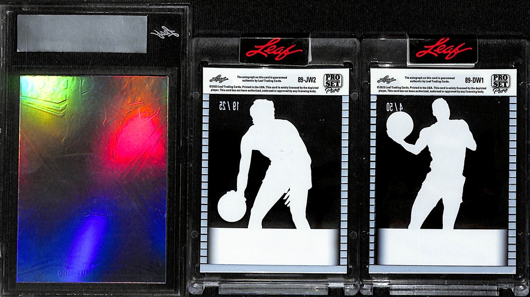 Lot of (3) Leaf Autographed Basketball Cards w. Dikembe Mutombo Exotic 1/1, Jerry West Pro Set Pure #d 19/25 and Dominique Wilkins Pro Set Pure #d 4/50