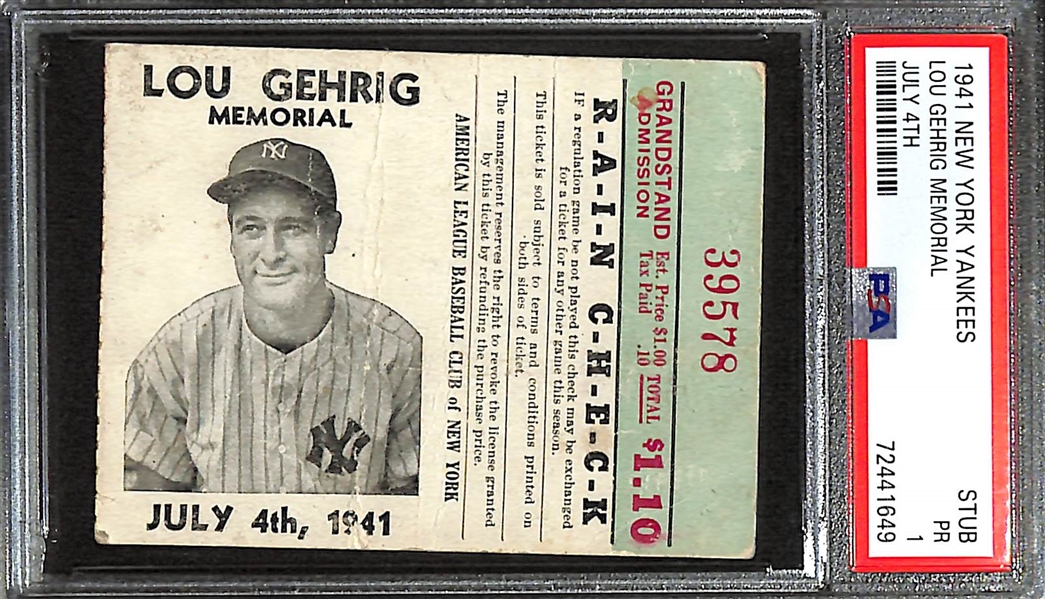 Rare Lou Gehrig Memorial Ticket Stub (July 4, 1941) Graded PSA 1