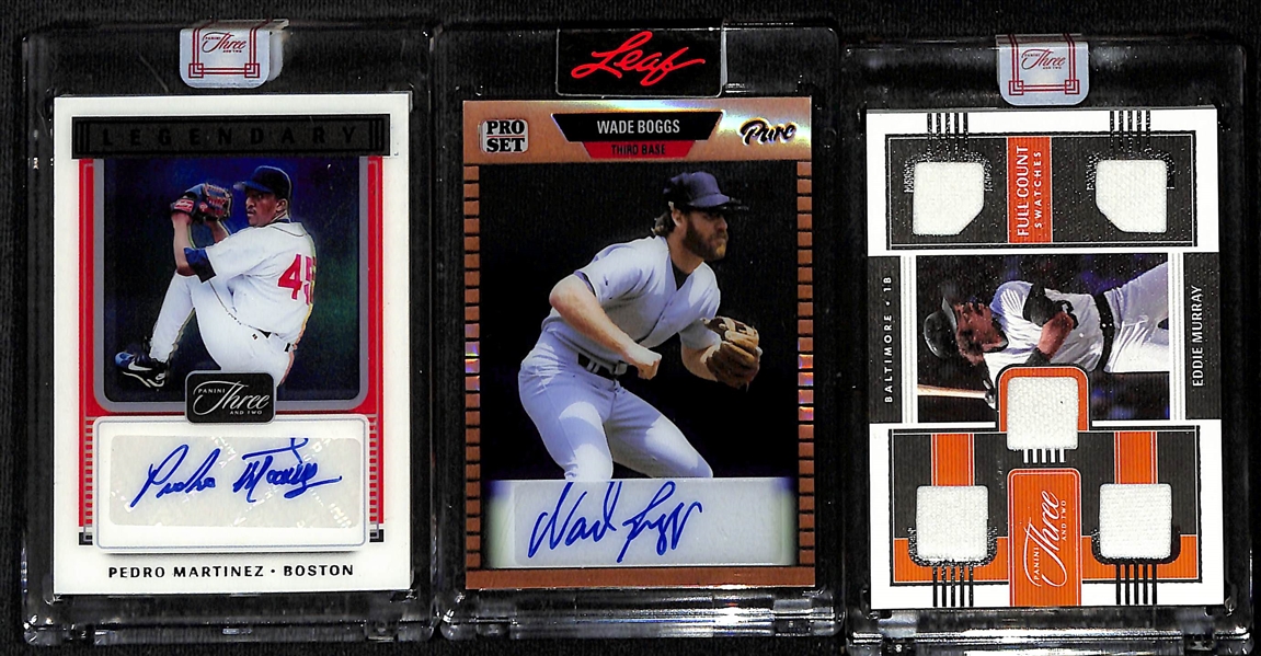 Lot of (3) Baseball Cards w. 2022 Three and Two Pedro Martinez Legends Auto #d /7 and 2023 Pro Set Pure Wade Boggs #d /50