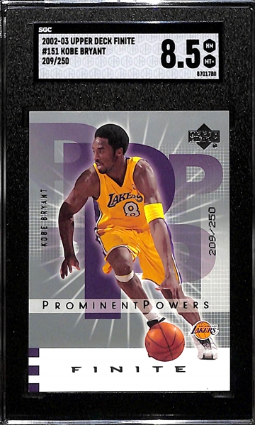 (4) Kobe Bryant Numbered Insert Cards - 1998 Flair #2 (#605/1500) SGC 8.5, 2005 Topps Front Row Gold (#65/100) SGC 6, 2002 Topps Expectations (#475/750) SGC 9.5, 2002 UD Finite #151 (#209/250) SGC 8.5