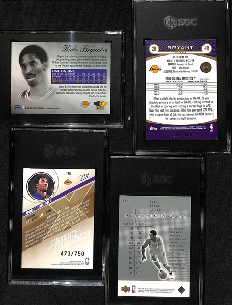 (4) Kobe Bryant Numbered Insert Cards - 1998 Flair #2 (#605/1500) SGC 8.5, 2005 Topps Front Row Gold (#65/100) SGC 6, 2002 Topps Expectations (#475/750) SGC 9.5, 2002 UD Finite #151 (#209/250) SGC 8.5