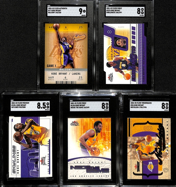 (5) Kobe Bryant Numbered & Graded Insert Cards - 2002 Authentic #/250, 2001 Fleer Force Emblematic #/399, 2002 Fleer Premium Skylines #/2500, Fleer Force Inside the Game #/699, 2004 Fleer...