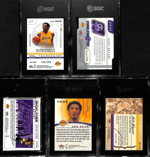 (5) Kobe Bryant Numbered & Graded Insert Cards - 2002 Authentic #/250, 2001 Fleer Force Emblematic #/399, 2002 Fleer Premium Skylines #/2500, Fleer Force Inside the Game #/699, 2004 Fleer...