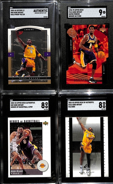 (4) Kobe Bryant Numbered Insert Cards - 2003 Skybox LE (#/150) SGC Authentic, 1998 UD Super Powers Bronze (#/1000) SGC 9,  2002 UD Authentics Heroes of Basketball (#/989) SGC 8, 2002 SP Authentic...
