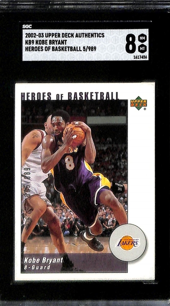 (4) Kobe Bryant Numbered Insert Cards - 2003 Skybox LE (#/150) SGC Authentic, 1998 UD Super Powers Bronze (#/1000) SGC 9,  2002 UD Authentics Heroes of Basketball (#/989) SGC 8, 2002 SP Authentic...