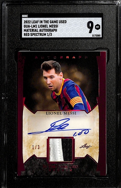 2022 Leaf In the Game Used Lionel Messi Material Autographed Red Spectrum #'d 1/3 Graded SGC 9