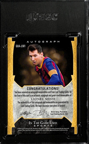 2022 Leaf In the Game Used Lionel Messi Material Autographed Red Spectrum #'d 1/3 Graded SGC 9