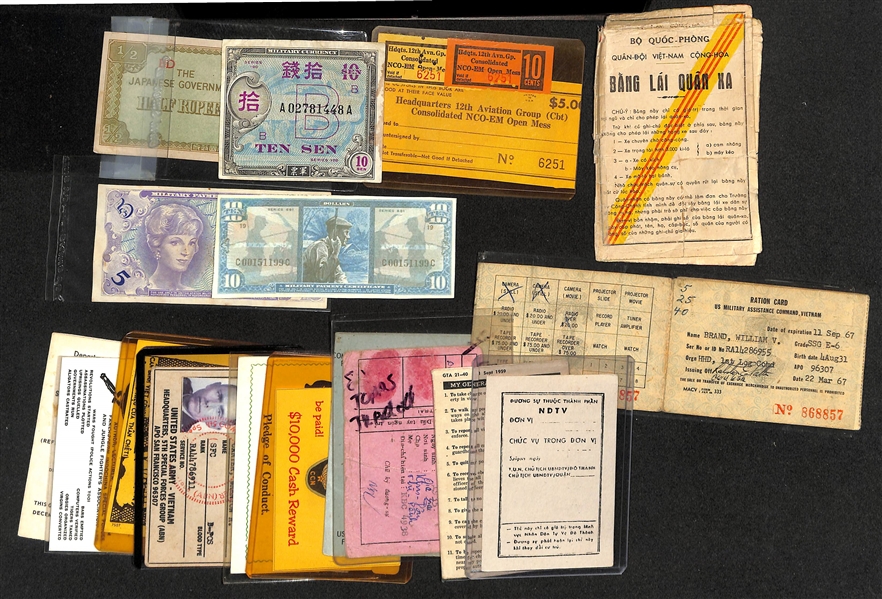 Lot of (17) Vintage Militaria Currency and Identification Cards, More