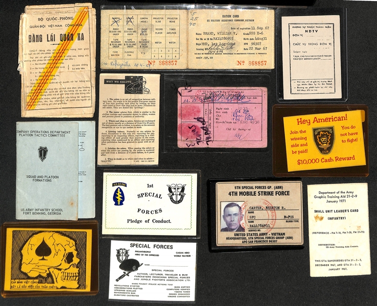 Lot of (17) Vintage Militaria Currency and Identification Cards, More