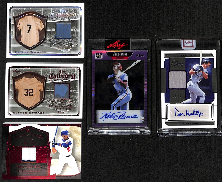 Lot of (5) Baseball Cards w. 2022 Leaf ITG Mickey Mantle Relic #d 1/2, 2022 Pro Set Pure Mike Schmidt Autograph #d 2/4, Panini Three and Two Don Mattingly Autograph #d 22/32, More