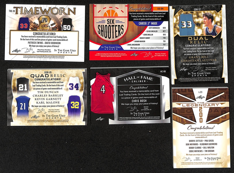 Lot of (6) Leaf ITG Mostly Basketball Relic Cards w. Time Worn 2 Patrick Ewing/David Robinson #d 8/40, Six Shooters Drexler/Mullin/Horry/Mashburn/Marion/Hornicek #d /35 and More  