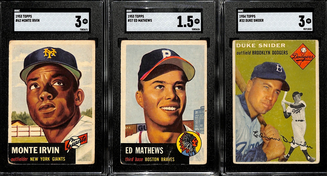 (3) Graded 1953-1954 Topps Cards - 1953 Monte Irvin (SGC 3) and Ed Mathews (SGC 1.5), 1954 Duke Snider (SGC 3) 