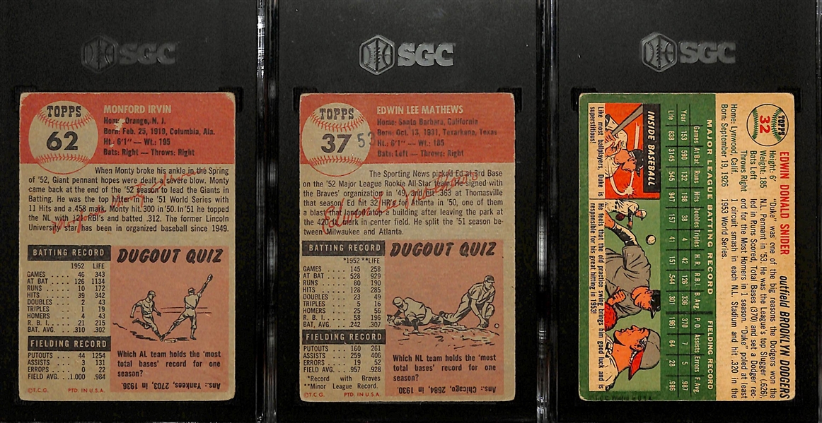 (3) Graded 1953-1954 Topps Cards - 1953 Monte Irvin (SGC 3) and Ed Mathews (SGC 1.5), 1954 Duke Snider (SGC 3) 