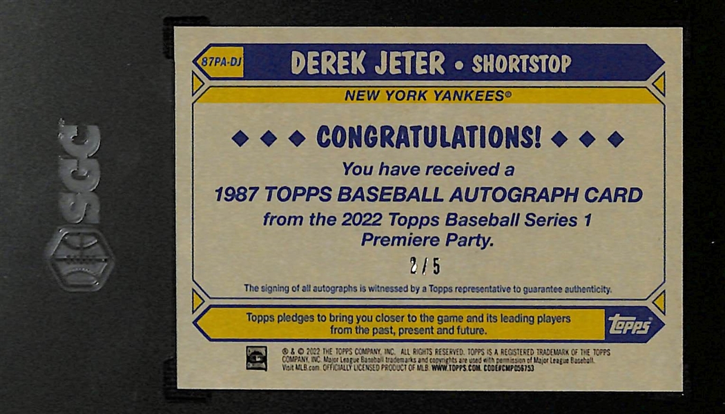 2022 Topps Premiere Party Derek Jeter Autograph #2/5 (1987 Design) Graded SGC 9 (10 Autograph Grade)