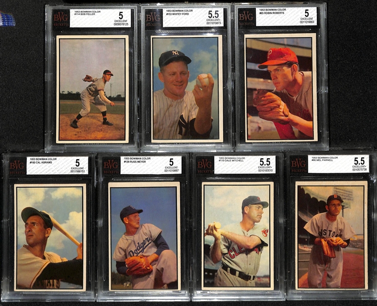 (7) 1953 Bowman Color Cards (Graded BVG 5 or 5.5) w. Feller (#114), Ford (#153), Roberts (#65), +