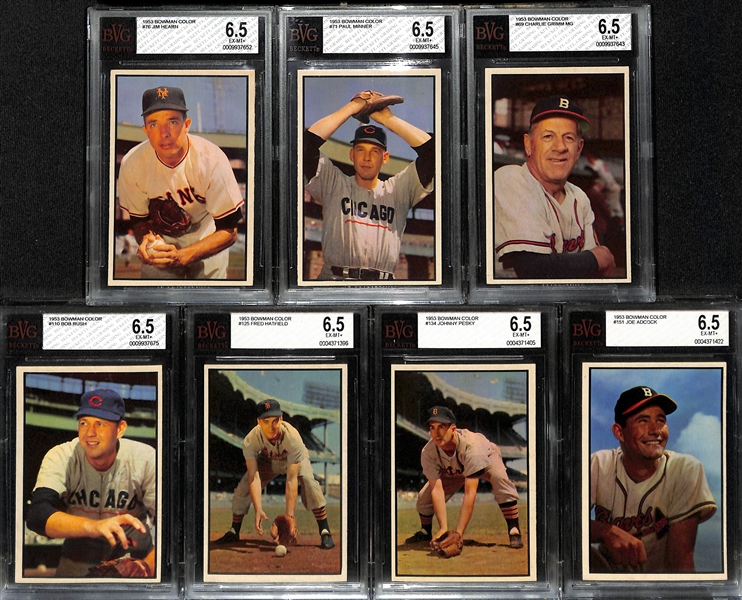 (13) 1953 Bowman Color Cards (All Graded BVG 6.5) w.  Billy Martin (#118), Schoendienst (#101), Ashburn (#10), Rosen (#8), +