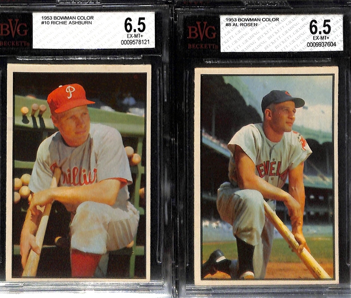 (13) 1953 Bowman Color Cards (All Graded BVG 6.5) w.  Billy Martin (#118), Schoendienst (#101), Ashburn (#10), Rosen (#8), +